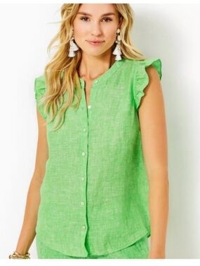 Lilly Pulitzer 100% Linen Ruffle Sleeve Button-Front Top in Green Size: S
